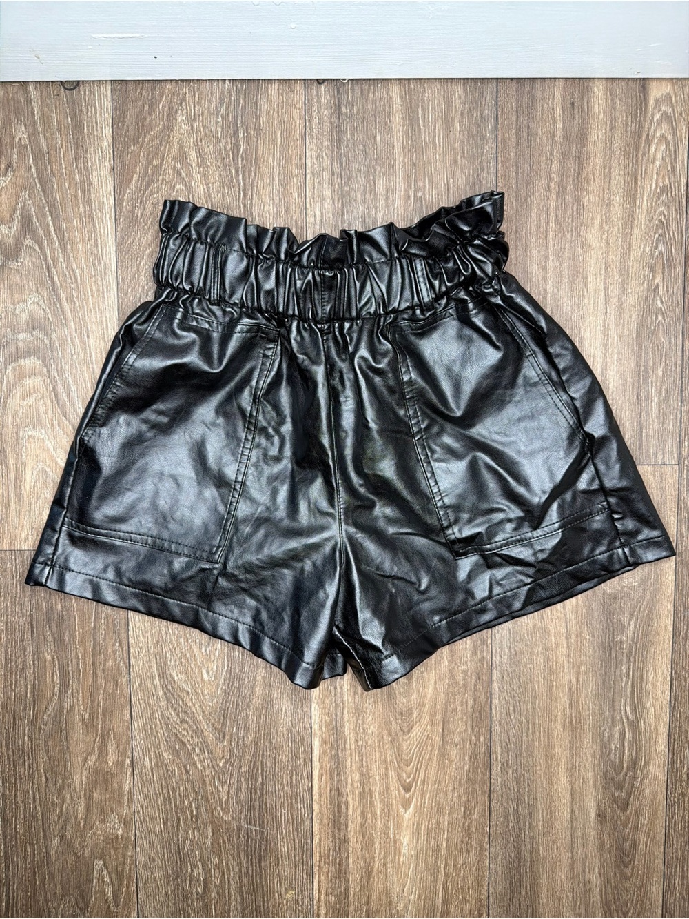 High-Waist Black Faux Leather Paperbag Shorts
